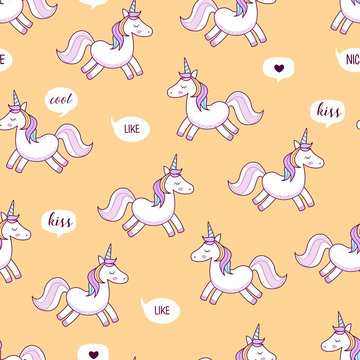 Unicorns . Vector illustration. Seamless pattern. Rainbow unicorns on colorful background. Cute wallpaper.