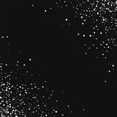 Random falling white dots. Scatter cornered border with random falling white dots on black background. Vector illustration.