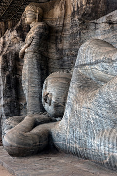 The Ancient and World Renowned Reclining Buddha Statue  showing Peace and tranquility at Gal Vihara in Polonnaruwa, seat of Buddhism in Sri Lanka