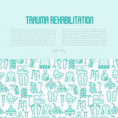 Orthopedic and trauma rehabilitation concept contains seamless pattern with thin line icons for web page or banner of clinics and medical centers. Vector illustration.