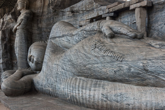 The Ancient and World Renowned Reclining Buddha Statue  showing Peace and tranquility at Gal Vihara in Polonnaruwa, seat of Buddhism in Sri Lanka