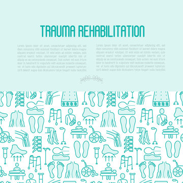 Orthopedic and trauma rehabilitation concept contains seamless pattern with thin line icons for web page or banner of clinics and medical centers. Vector illustration.
