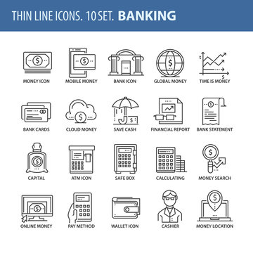 Set of thin line flat icons. Banking