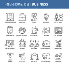 Set of thin line flat icons. Business