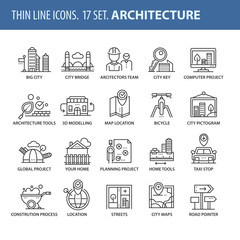 Set of thin line flat icons. Architecture
