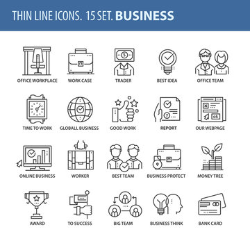 Set of thin line flat icons. Business