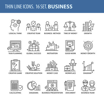 Set of thin line flat icons. Business