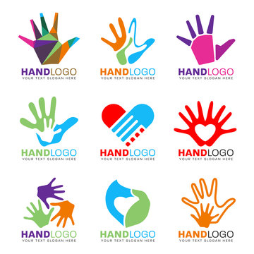 Colorful Hand and heart logo concept style vector set design