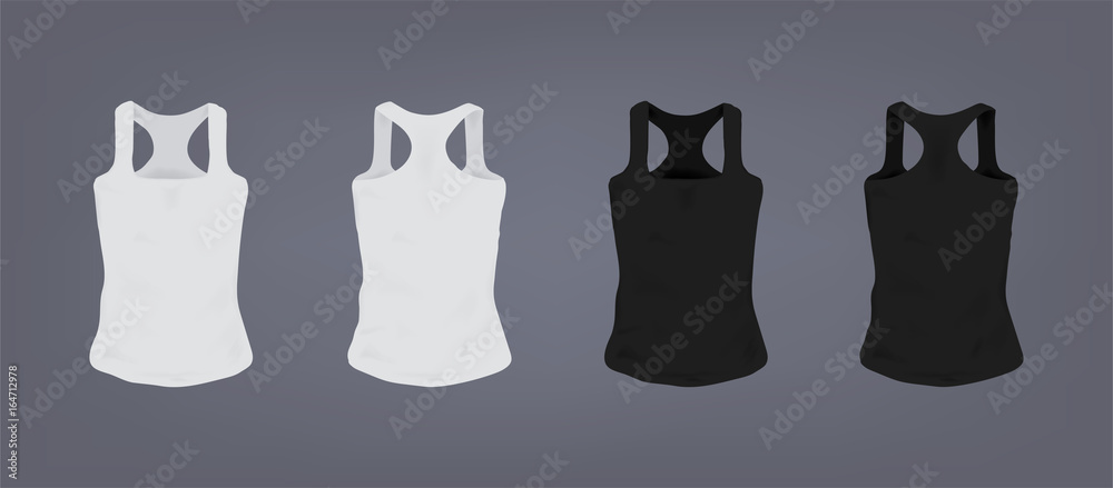 Sticker Set of realistic white and black unisex sports slim-fit t-shirt. Front and back view. Realistic vector illustration collection on gray background.