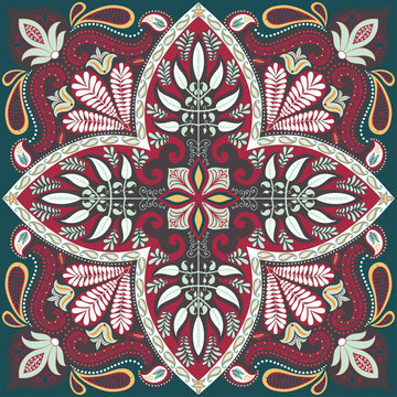 India paisley pattern, decorative textile, wrapping, pillow or kerchief decor. Boho style vector design.