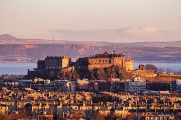 Sunset shot of the iconic Edinburgh Castle one of the most famous landmark of the Scottish capital. Scotland, United Kingdom