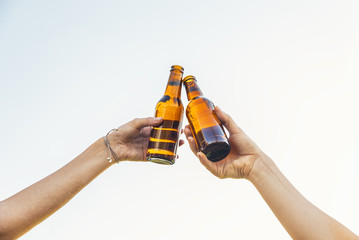 Female friends cheers clinking bottles of beer in hands in the park.