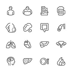 Visceral fat or abdominal fat storing in belly and internal organs and dietary causes of visceral fat. Cancer in internal organs, liver and lungs. vector line icons