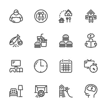 Causes and prevention of Childhood Obesity, Vector line icons set