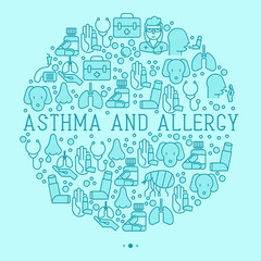 Fototapeta na wymiar Asthma and allergy concept in circle for web page, banner of clinic, thin line icons with allergy symptoms and the most common allergens. Asthma inhaler. Vector illustration.