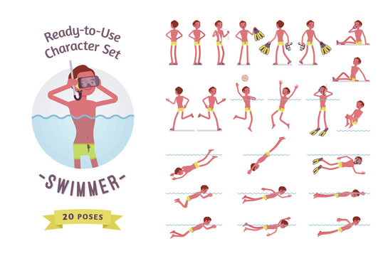 Ready-to-use male swimmer character set, various poses and emotions