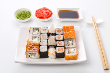 Set of sushi and rolls isolated on white background