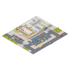 Element infographics representing a supermarket in section with parking located on a street