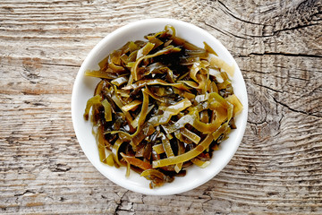 Bowl of laminaria seaweed, from above
