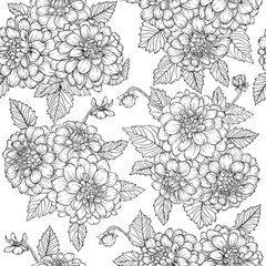 Beautiful monochrome, black and white seamless pattern with dahlia bouquets. Hand-drawn contour.