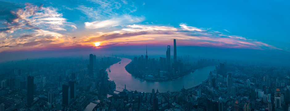 Panorama of sunset with Shanghai city view. 