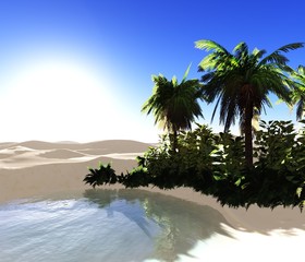 Oasis, sunset in the sandy desert, palm trees in the desert near the pond, 3d rendering
