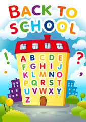 Back to School words banner. Back to School vector concept colored letters Alphabet on cartoon school bilding house