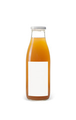 bottle of apple juice with blank blue label isolated on white