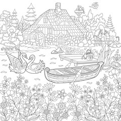 Coloring book page of rural landscape, flower meadow, lake, farm house, ducks, kitten, swans, horses, frog, storks. Freehand drawing for adult antistress colouring with doodle and zentangle elements.