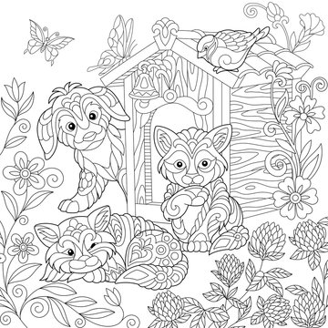 Coloring page of puppy, cat, sparrow bird, dog booth, clover flowers and butterflies. Freehand drawing for adult antistress colouring book with doodle and zentangle elements.