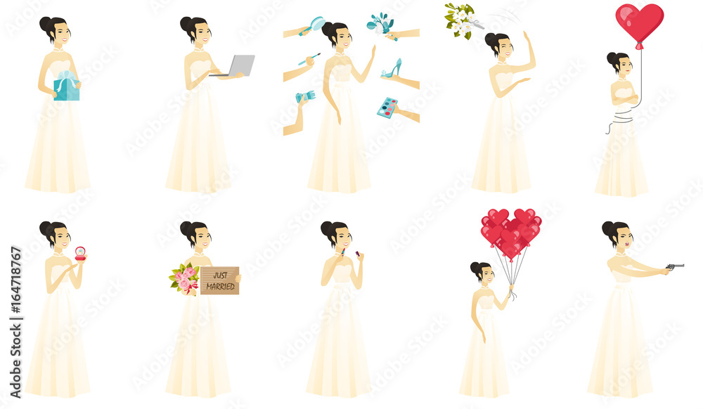 Poster vector set of illustrations with asian bride character.