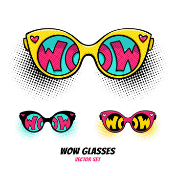Comic sunglasses with inscription wow text in reflection on halftone background. Vector bright dynamic cartoon objects set in retro pop art style isolated on white background.