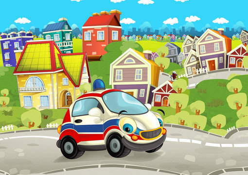 Cartoon ambulance car smiling and looking in the parking lot - illustration for children © honeyflavour