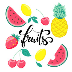 set of fruits, symbol of summer. Fruits Hand drawn calligraphy and brush pen lettering.