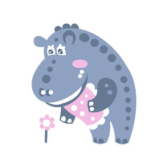 Cute cartoon Hippo character standing and looking at flower vector Illustration