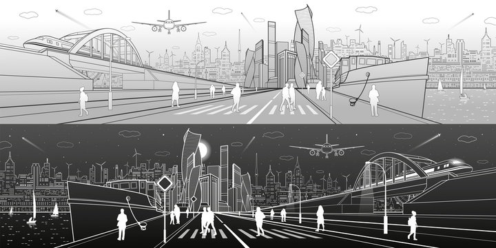 City infrastructure panorama. Ship in the port, railroad bridge, train rides, modern city in the background, people walk along the embankment. Light and dark lines, vector design art
