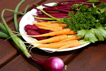 Vegetables: carrots, beetroot, parsley, onion. Fresh raw vegetable soup ingredients.