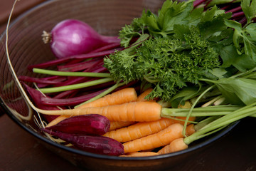 Vegetables: carrots, beetroot, parsley, onion. Fresh raw vegetable soup ingredients.