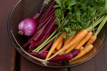 Vegetables: carrots, beetroot, parsley, onion. Fresh raw vegetable soup ingredients.