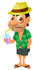 Funny man on the beach with cocktail. Cartoon styled vector illustration. Elements is grouped. Isolated on white. No transparent objects.