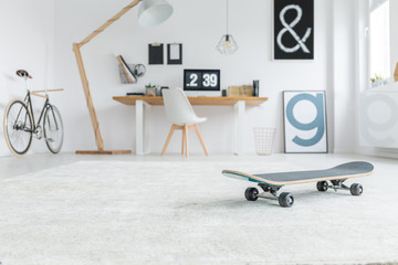 Skateboard in room