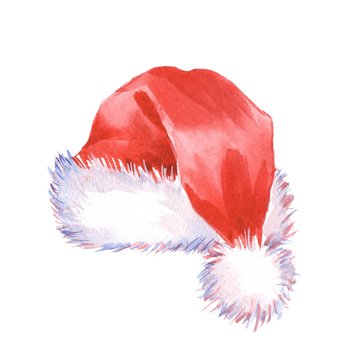 Santa Claus red hat. Watercolor illustration, isolated on white