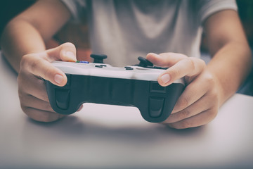 Young boy plays video game using a gamepad © Stepan Popov