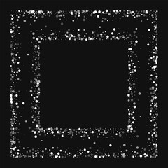 Random falling white dots. Square chaotic frame with random falling white dots on black background. Vector illustration.