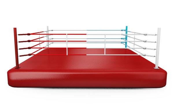 A 3D render of a modern boxing ring with opposing blue and red corners on an isolated white studio background