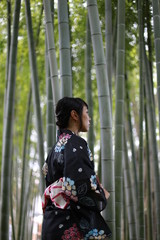 竹やぶと浴衣の女性
