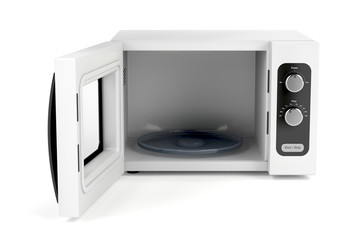 Obraz premium Microwave oven with open door on white background