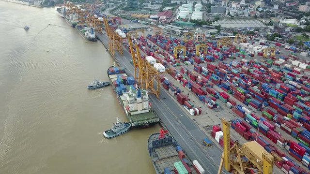 4K Aerial view of industrial port with crane