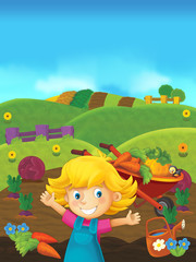 cartoon scene of girl on the farm - standing and smiling / illustration for children