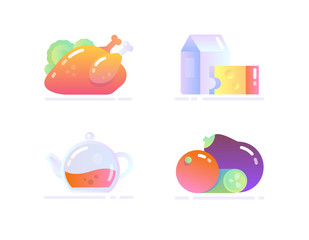 Vector Icon Set in Flat Glossy Style. Various food: Poultry, Dairy, Tea, Vegetable